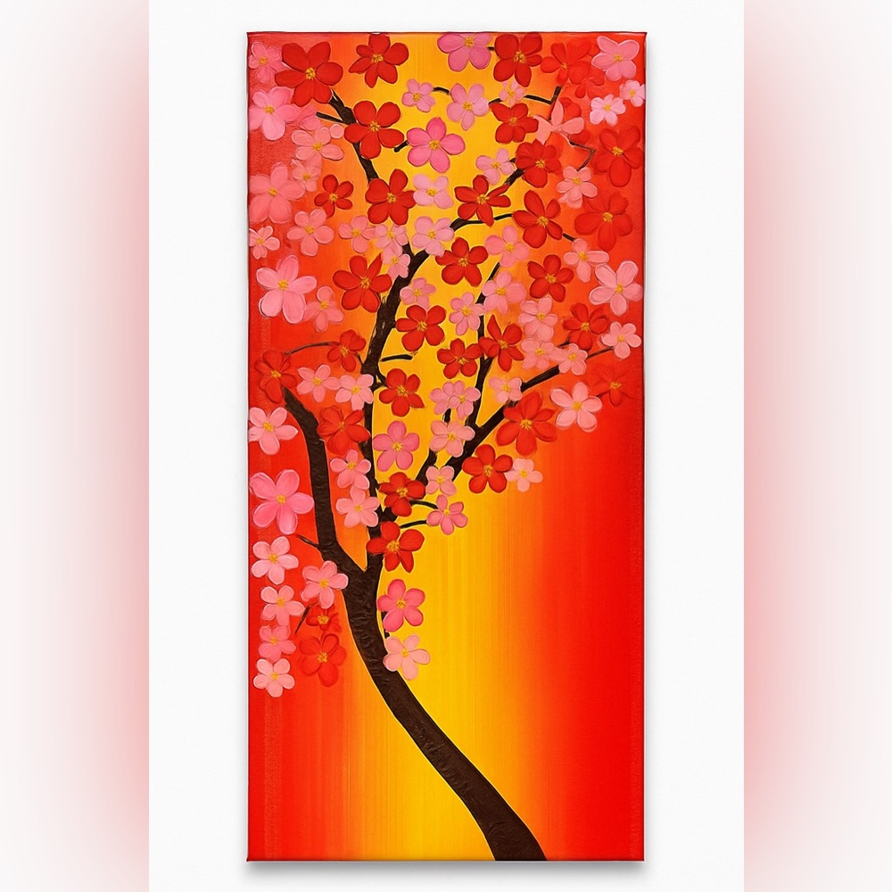 Saffron Sunset: Red and Pink Painting with Dramatic Contrast - 8x20 in